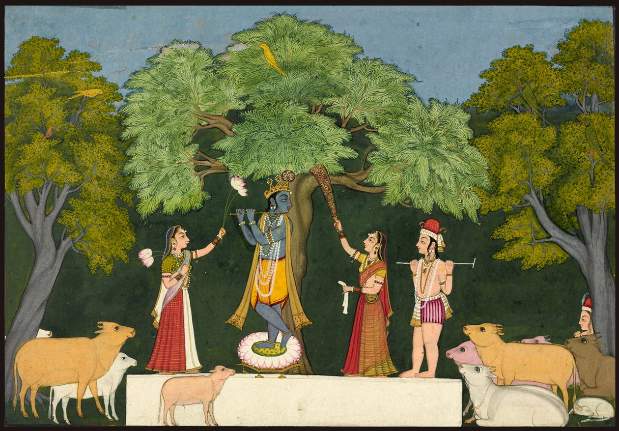 Krishna underholder sine ledsagere af Unknown artist