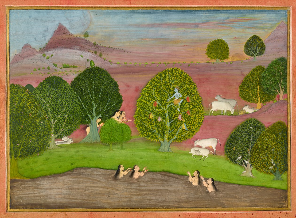 Krishna stjæler gopiernes tøj, folio fra en <em>Bhagavata Purana</em> af Unknown artist