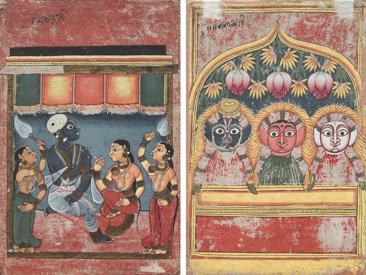 Krishna med Radha og to ledsagere (recto); Jagannath, Subhadra og Balarama i en bue (verso) af Unknown artist