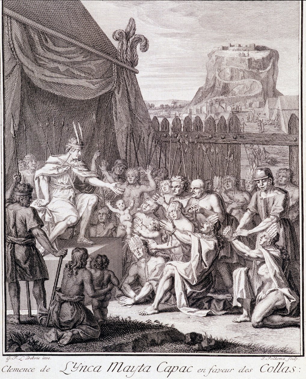 Inca Mayta Capac til fordel for Collas - i ""Historisk rejse i Sydamerika lavet på ordre fra kongen af ​​Spanien"" af Don Georges Juan & Don Antoine de Ulloa, T.II, red. Jombert, King
