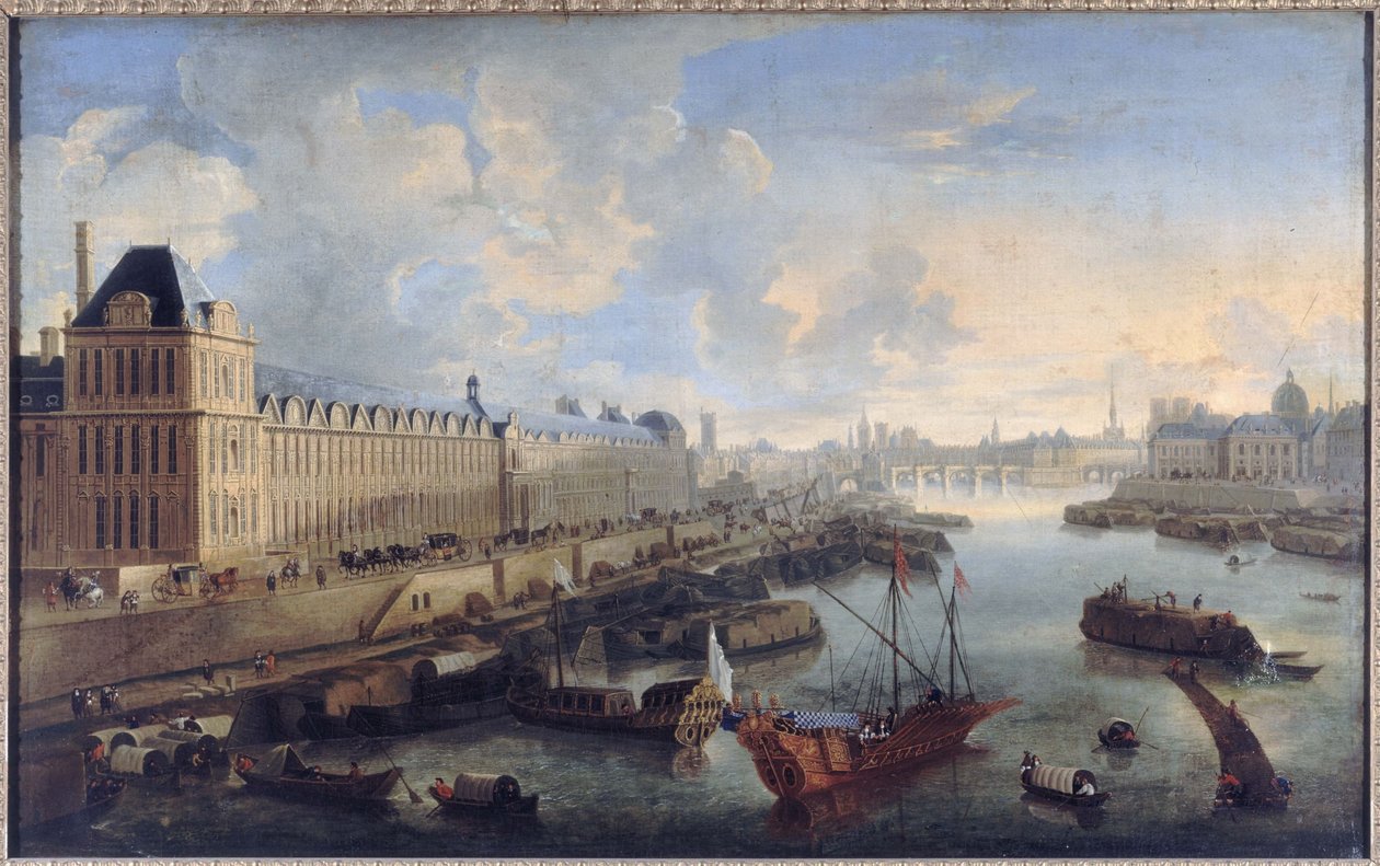 La Grande Galerie du Louvre, le Pont-Neuf, la Cité, le collège des Quatres-Nations, ca. 1670, på Seinen den kongelige galease, nuværende 1. og 6. arrondissement, mellem 1670 og 1685 (olie på lærred) af Unknown artist