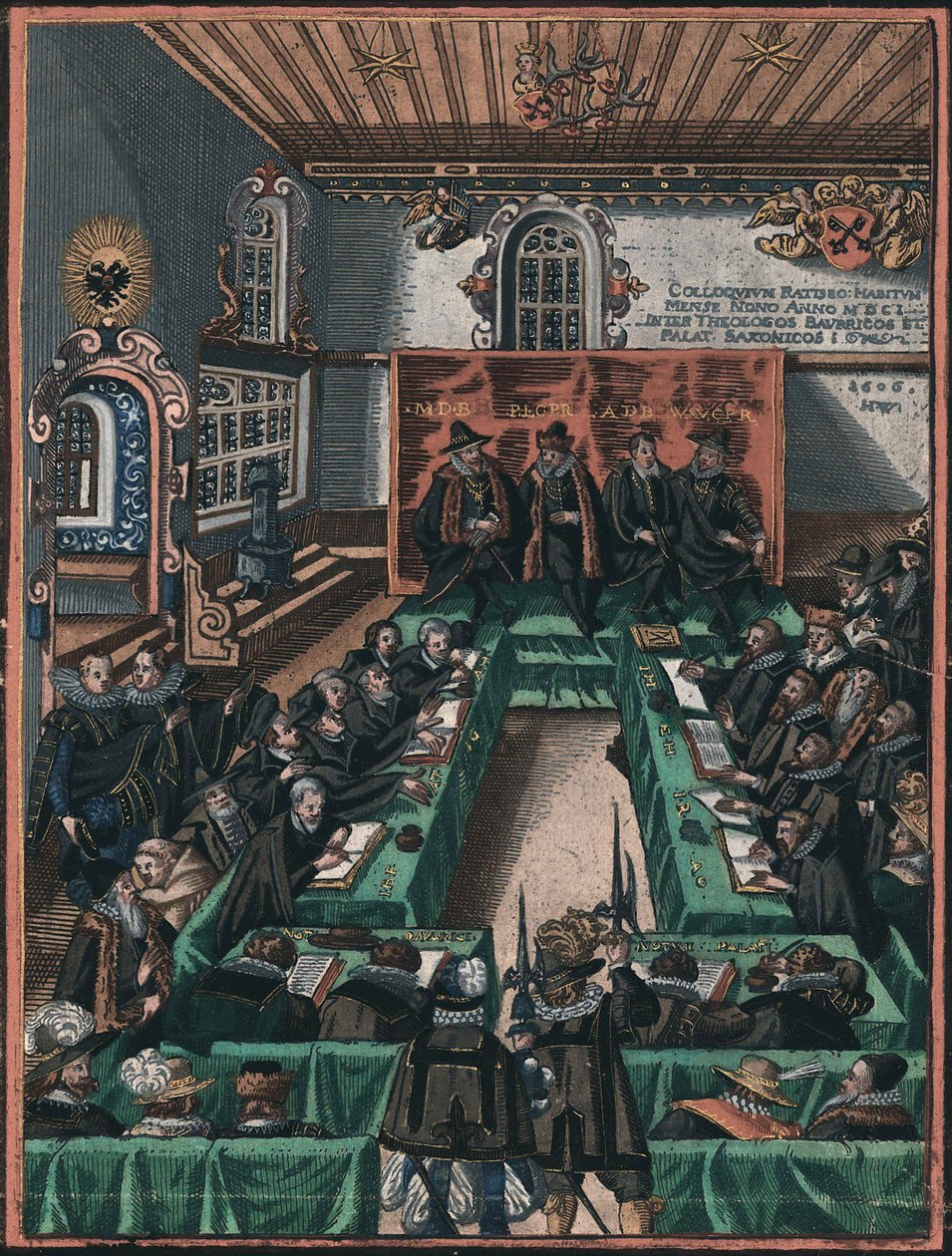 La conference religieuse de Ratisbonne en 1601 - The Regensburg Religious Colloquy of 1601, Anonymous . Kobberstik, akvarel, ca. 1605. Historisches Museum der Stadt Regensburg af Unknown artist