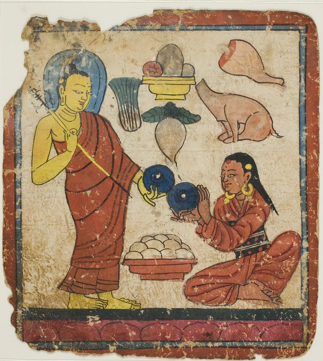 Dame, der tilbyder mad til en munk, fra et sæt indvielseskort (Tsakali) af Unknown artist