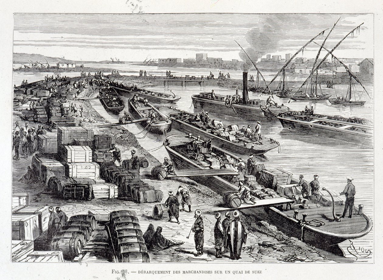 Landing af varer på en dok i Suez-kanalen af Unknown artist