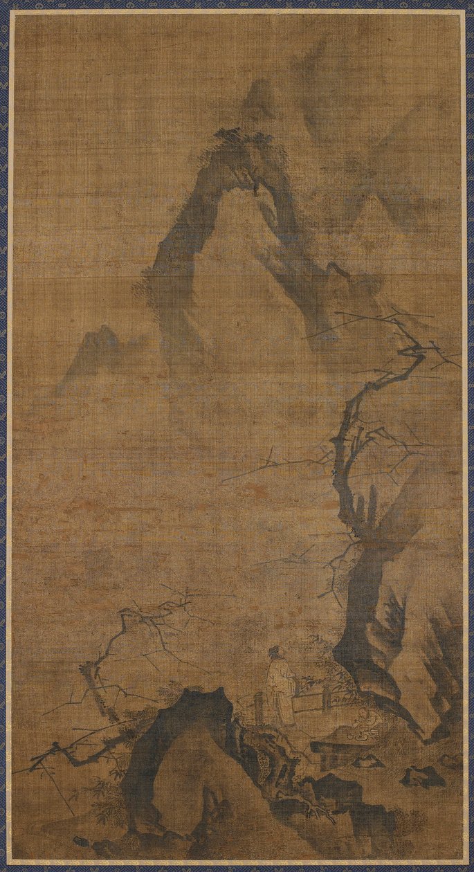 Landskab: bjerg og vand; En figur under et blommetræ af Unknown artist