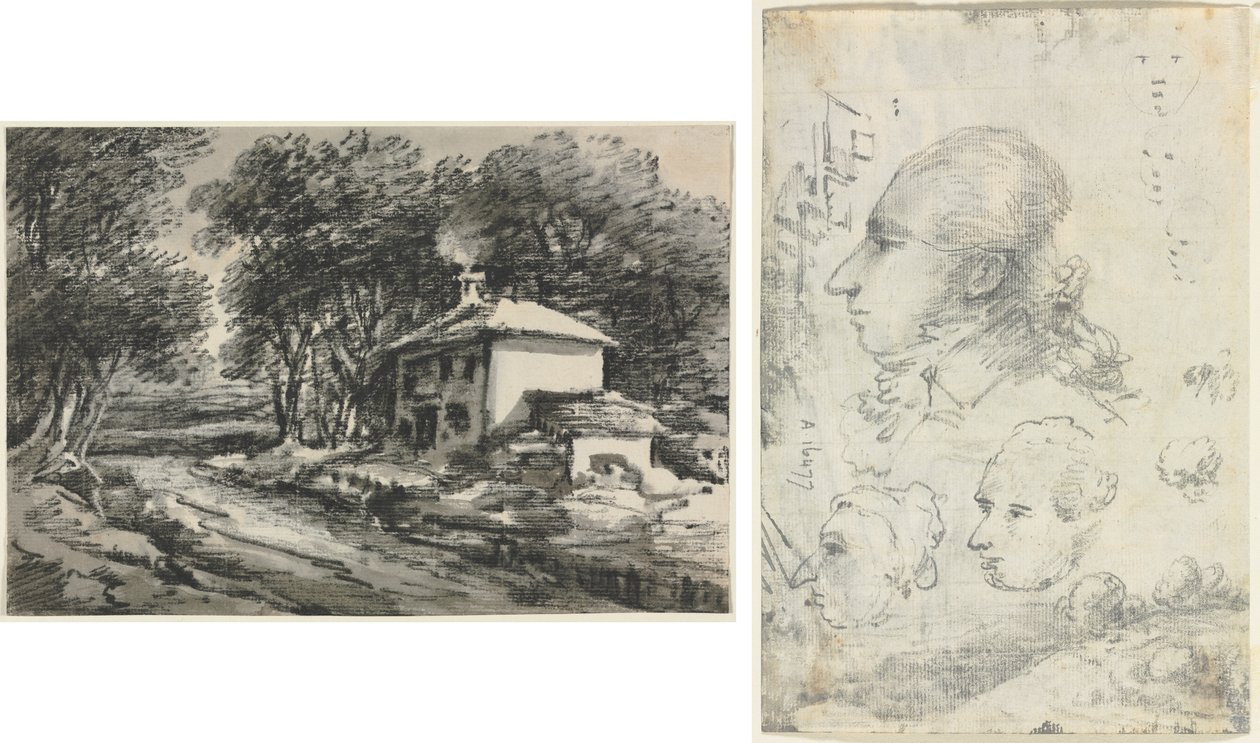 Landskab med Sommerhus (recto); Studier af hoveder (verso) af Unknown artist