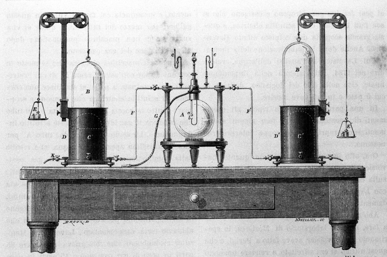 Lavoisier og Laplace apparater til dannelse af vand ved hjælp af oxygen og brintgasser, der brænder i en glaskolbe. Indgravering af det 19. århundrede. af Unknown artist