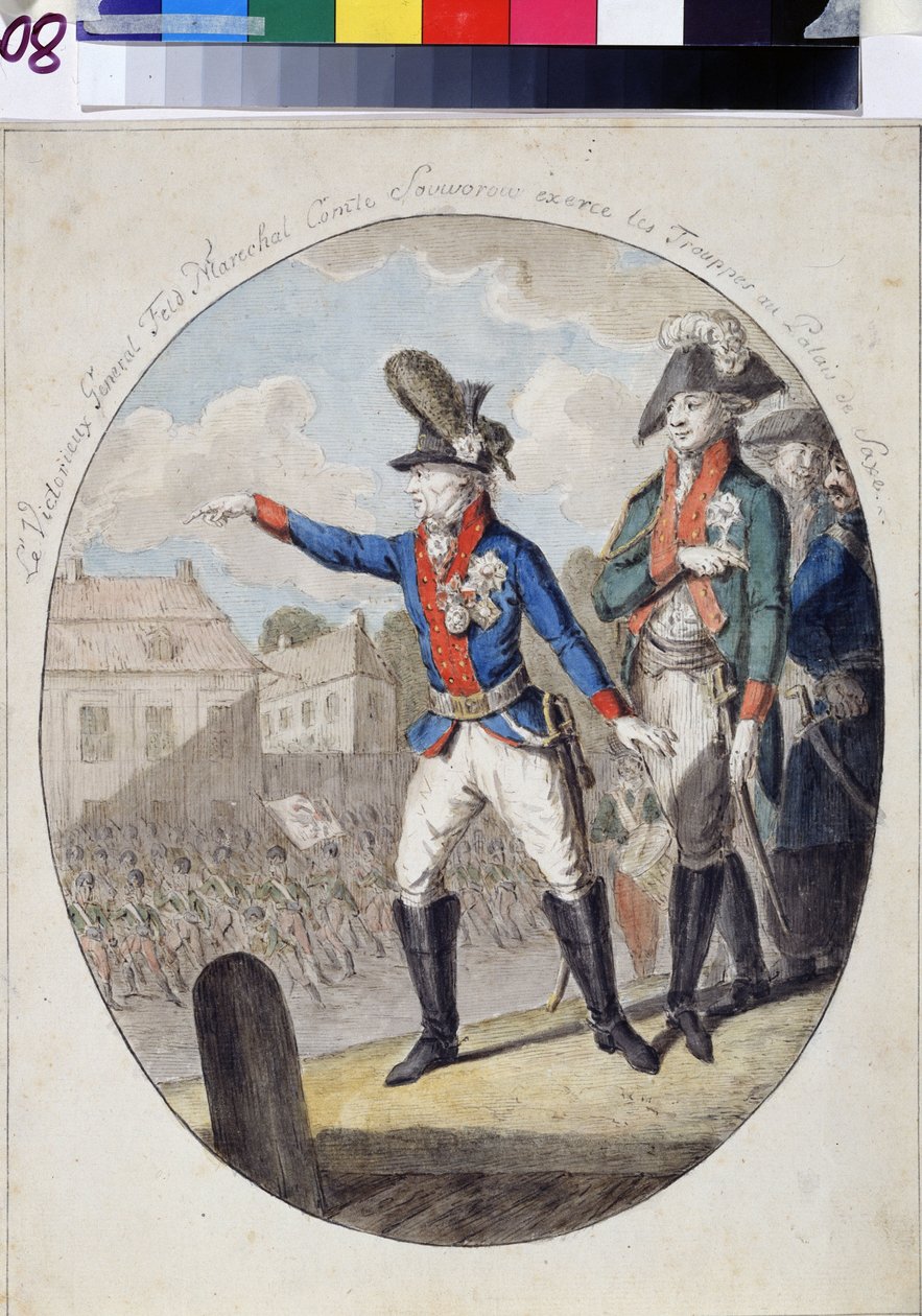 Marskal Alexandre Alexandre Souwaroff (Souvaroff eller Souvarov eller Alexander Souvorov) (1729-1800) inspicerede tropperne foran kurfyrsten for Palads i Sachsen, Warszawa, i 1794 under Kosciuszko-opstanden. (Feltmarskal Alexandr Suvorov inspec af Unknown artist