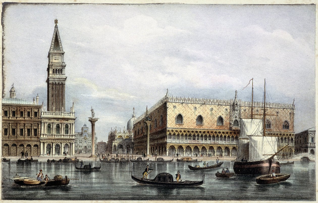 Le mole vu du canal - i "Album med de vigtigste udsigter over Venedig"", ill. af Marco Moro, red. Gio Brizeghel, v.1840 af Unknown artist