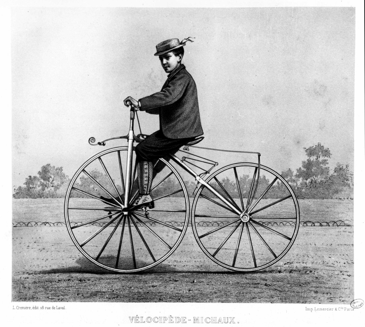 Velocipeden Michaux - i Le centaure, gravering, Bibl. af byen Paris af Unknown artist