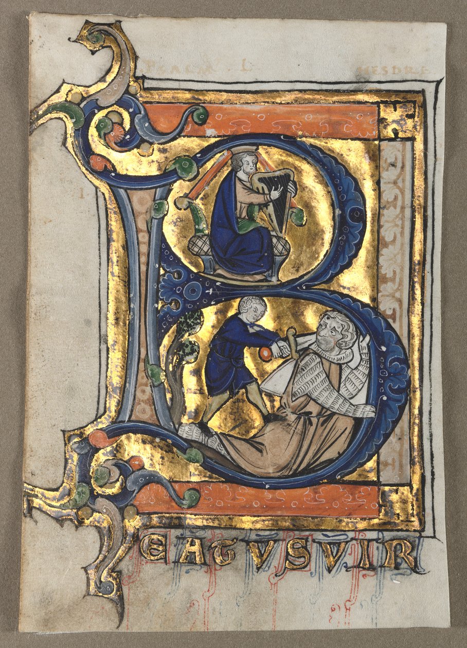 Blad udskåret fra en Psalter: Initial B med kong David af Unknown artist