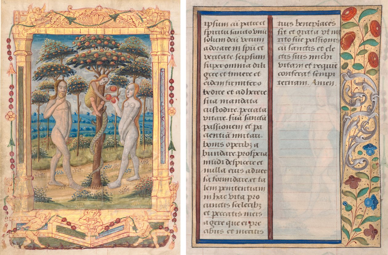 Blad fra en timebog: Adam og Eva og menneskets fald (Prefatory Miniature to the Office of the Jomfru) (recto) og tekst med illustreret kant (verso) (1 af 3 udskårne blade) af Unknown artist