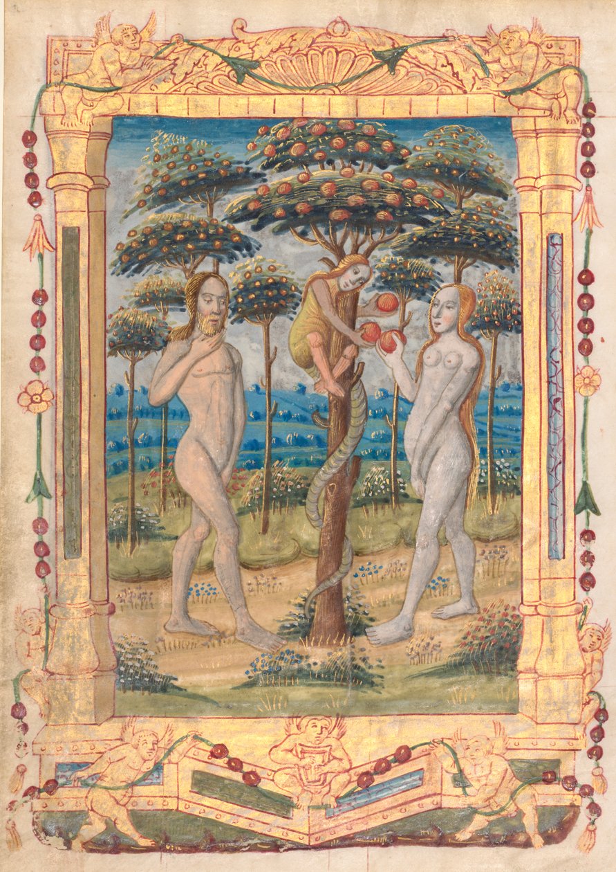 Blad fra en timebog: Adam og Eva og menneskets fald (præfatory miniature to the office of the jomfru) (recto) af Unknown artist