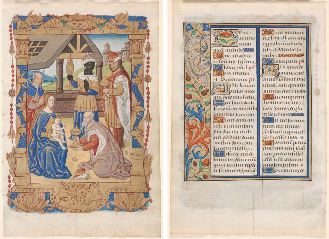 Blad fra en timebog: Tilbedelse af Magi (recto) og tekst med illustreret kant (verso) (3 af 3 udskårne blade) af Unknown artist