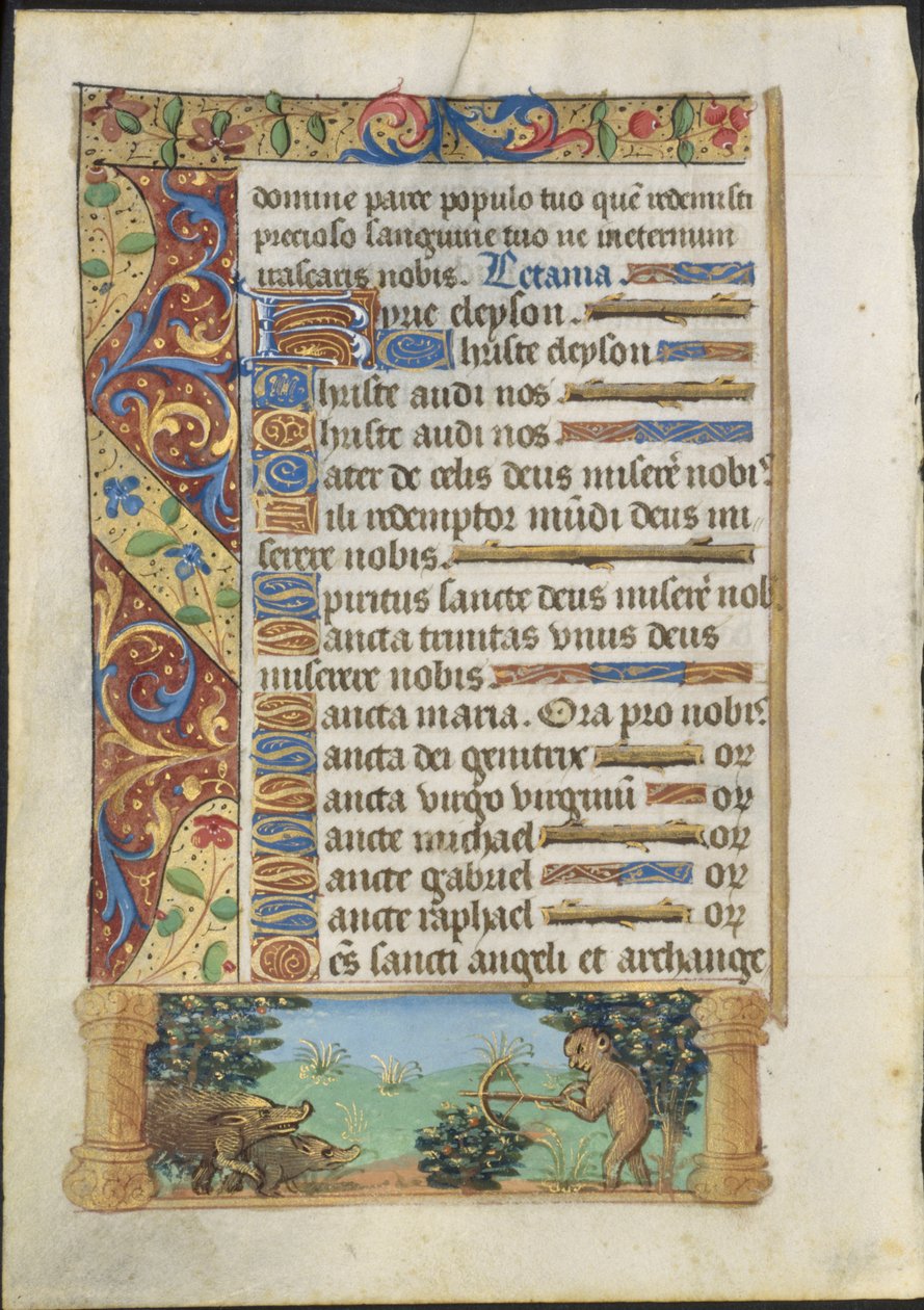 Leaf from a Book of Hours: Ape Jagt Wild Boars (recto) af Unknown artist
