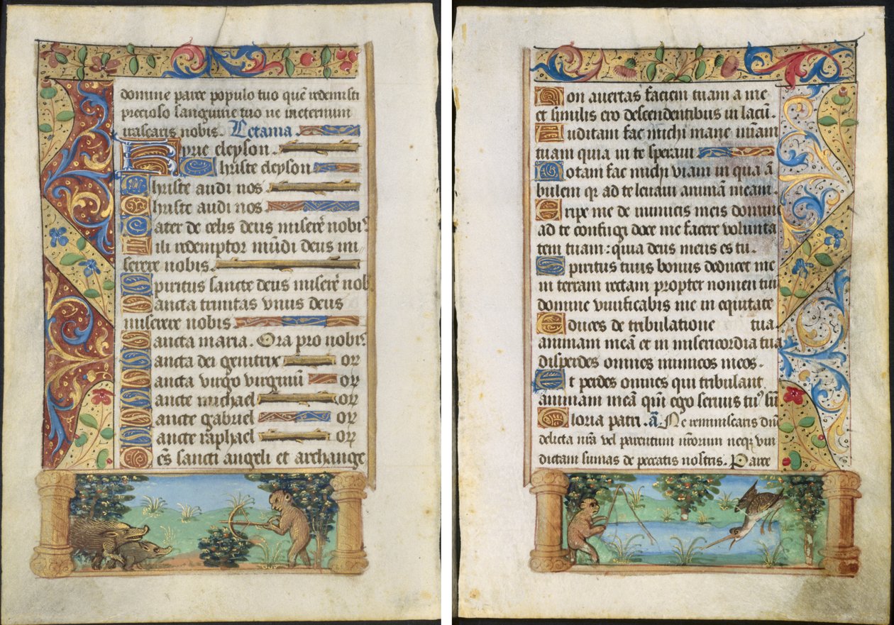 Blad fra en timebog: Abejagt på vildsvin (recto) og abefiskeri (verso) af Unknown artist