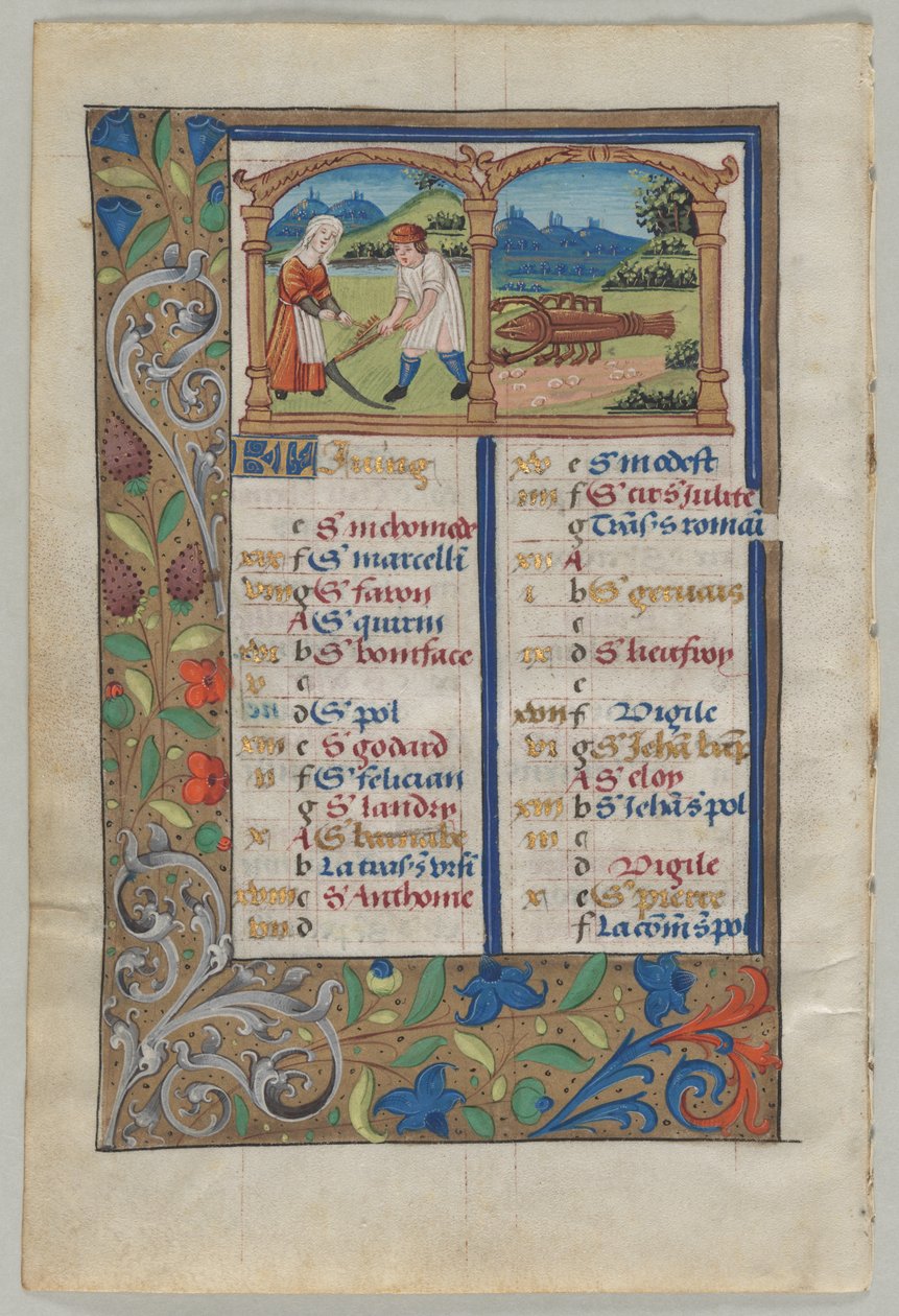 Blad fra en timebog: Kalenderside for juni (verso) af Unknown artist