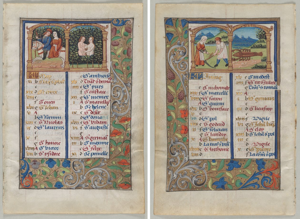 Blad fra en timebog: Kalenderside for maj (recto) og kalenderside for juni (verso) (2 af 3 udskårne blade) af Unknown artist