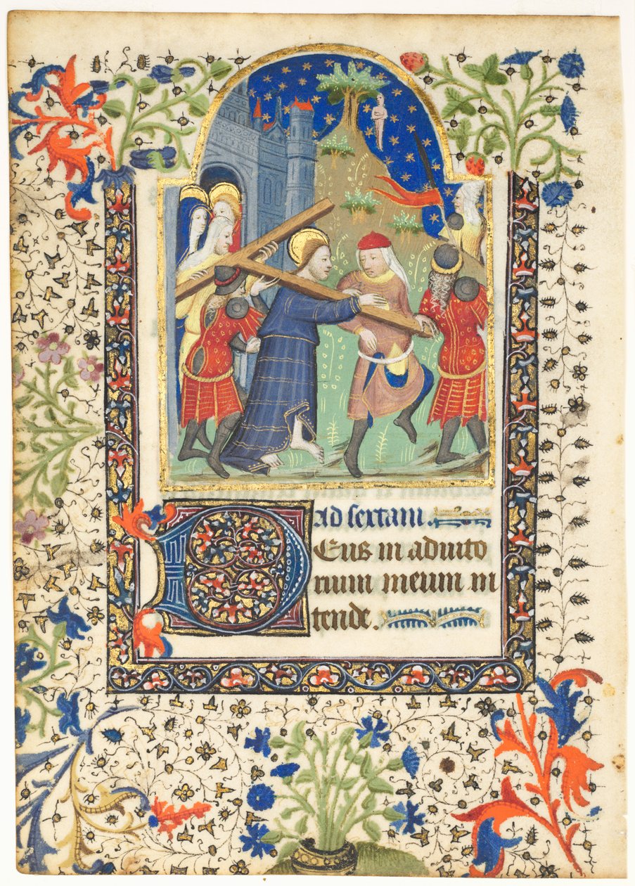 Blad fra en timebog: Kristus bærer korset (Sext, timer med korset) af Unknown artist