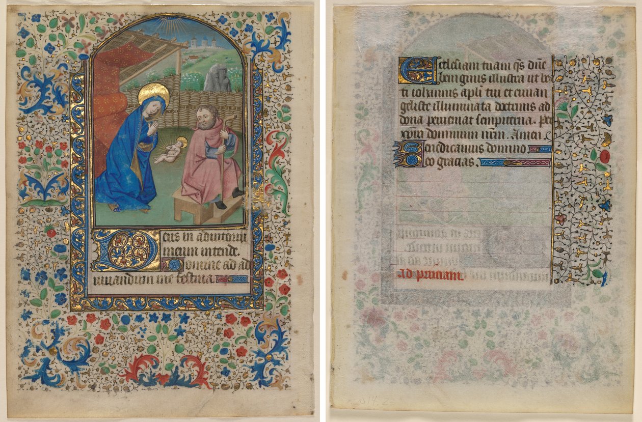 Blad fra en timebog: Fødselen (recto) og tekst (verso) af Unknown artist