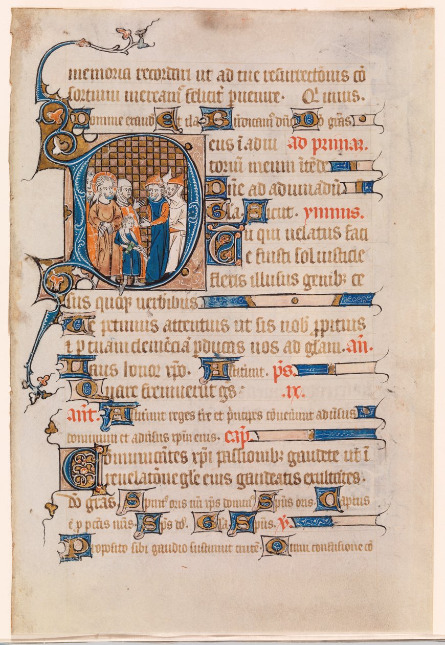 Blad fra en timebog med en historisk initial D, der skildrer Kristus før Pilatus af Unknown artist