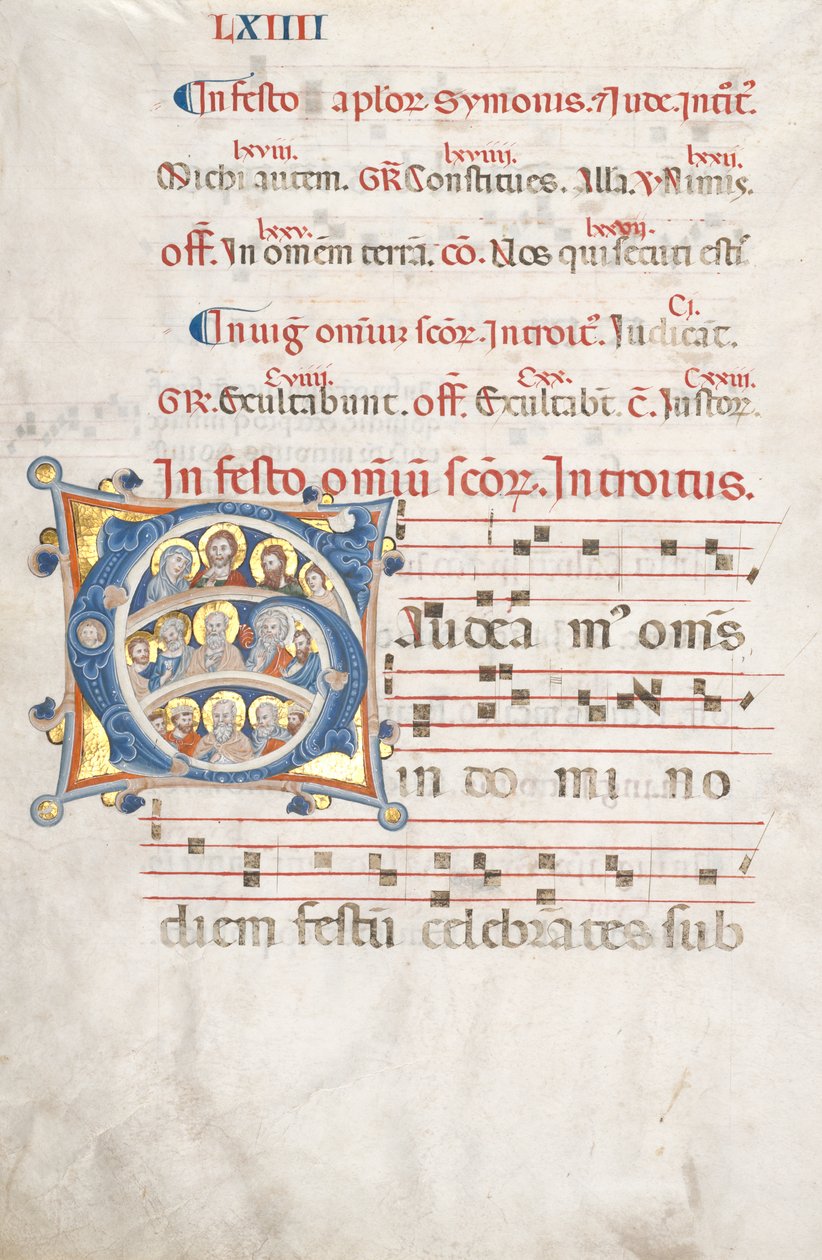 Blad fra en Gradual: Indledning (G) med Kristus, Jomfruen og Apostlene af Unknown artist