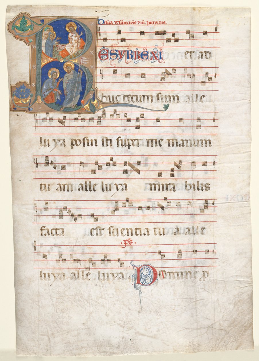 Leaf from a Gradual: Initial (R) med Three Marys at the Tomb og "Noli me Tangere" af Unknown artist