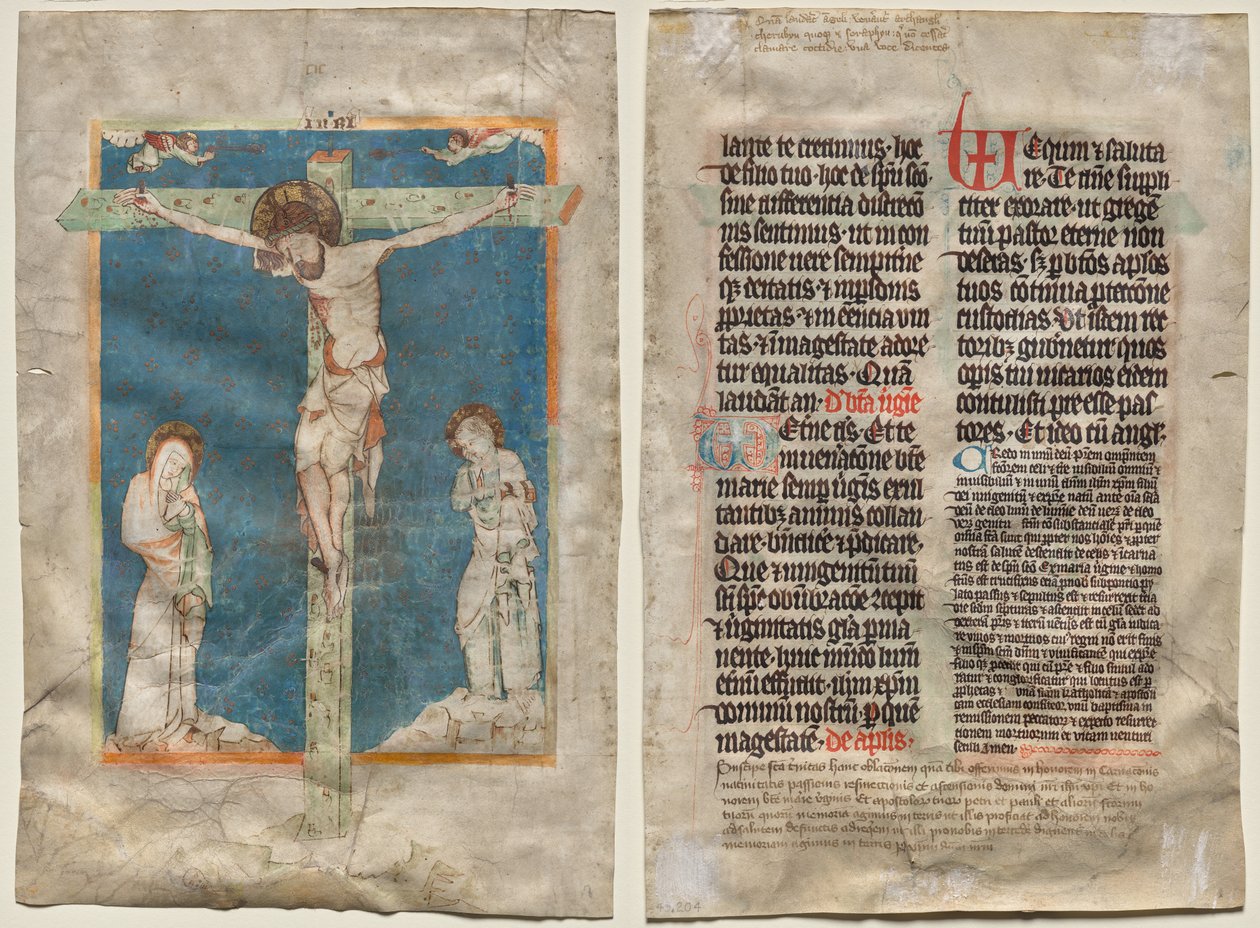 Blad fra et missal: Korsfæstelsen (recto) og tekst (verso) af Unknown artist