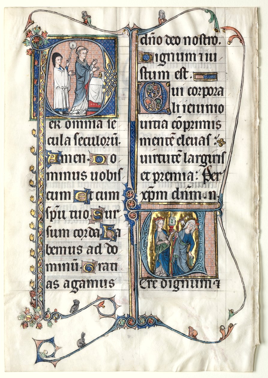 Blad fra et missal med to historiske initialer: Indledende P[er omnia saecula saeculorum] (En præst fejrer messe) og initial V[ere dignum et iustum est] (Ecclesia og synagoge) af Unknown artist