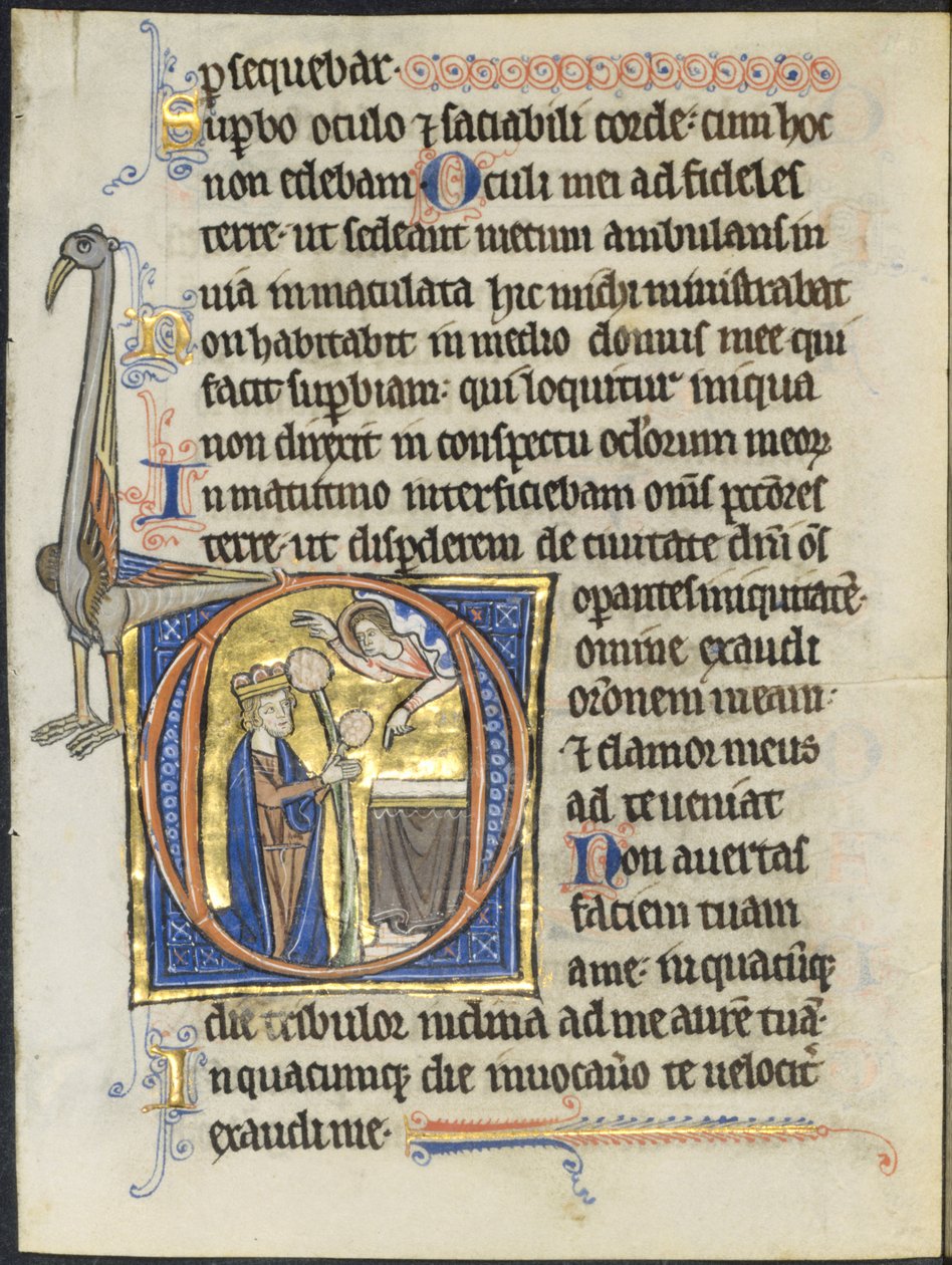 Blad fra en Psalter: Indledende D: David i bøn foran et alter og Kristus i en sky (2 af 2 udskårne blade) af Unknown artist