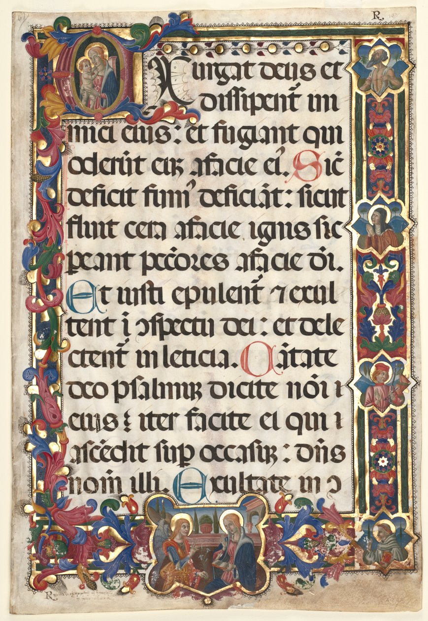 Blad fra en psalter med fuld kant med medaljoner (Bebudelse, SS. Jerome, Clare, Sebastian og Bernardino) og historisk initial (E): Jomfru og barn af Unknown artist