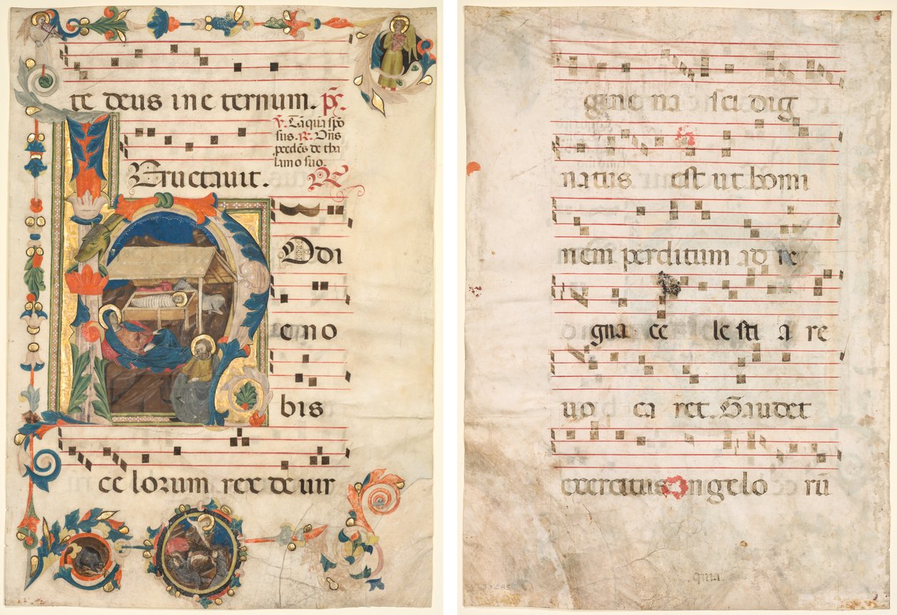 Leaf from an Antiphonary med Historiated Initial (H) med The Nativity (recto) og Music (verso) af Unknown artist