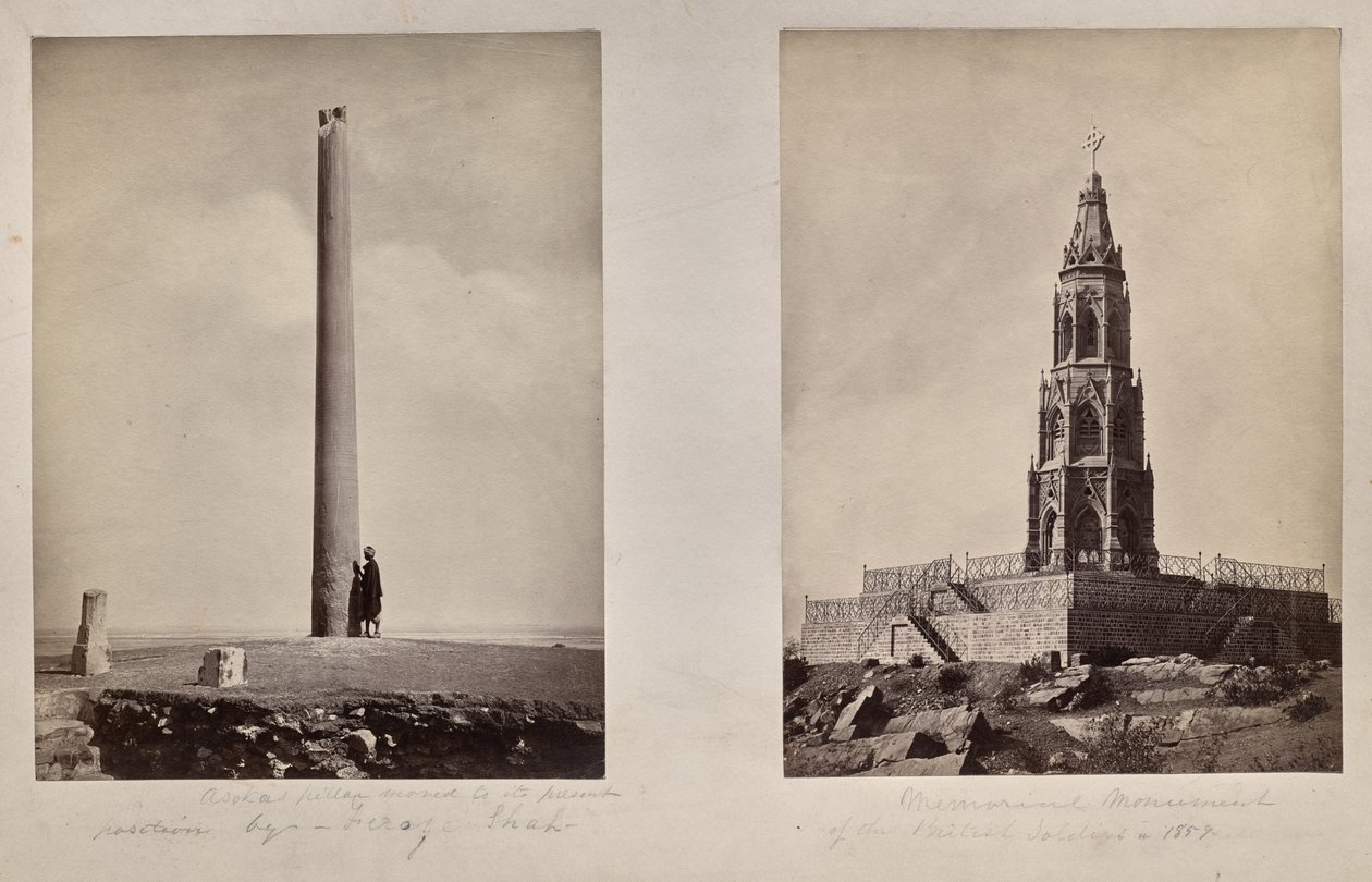 Venstre: [Ashoka-søjlen blev flyttet til sin nuværende position af Feroz Shah]. Til højre: Mindesmærke for de britiske soldater i 1859 af Unknown artist