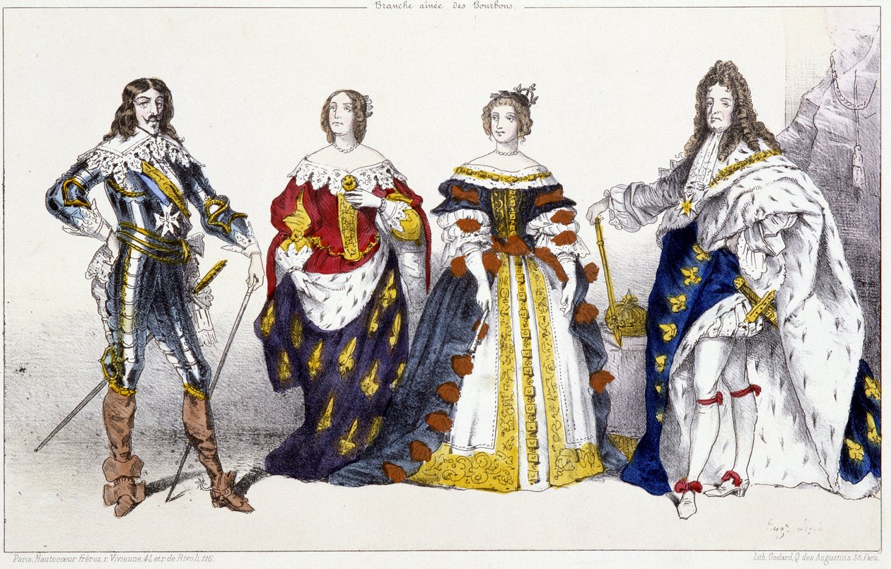 Les Bourbons: Ludvig XIII (1601-1643) og Anne af Østrig (1601-1666), Marie Therese af Østrig (eller Spanien) (1638-1683) og Ludvig XIV (1638-1715) - Tavle udtrukket fra konger og dronninger af Frankrig i tryk, Paris, udg. Swift af Unknown artist