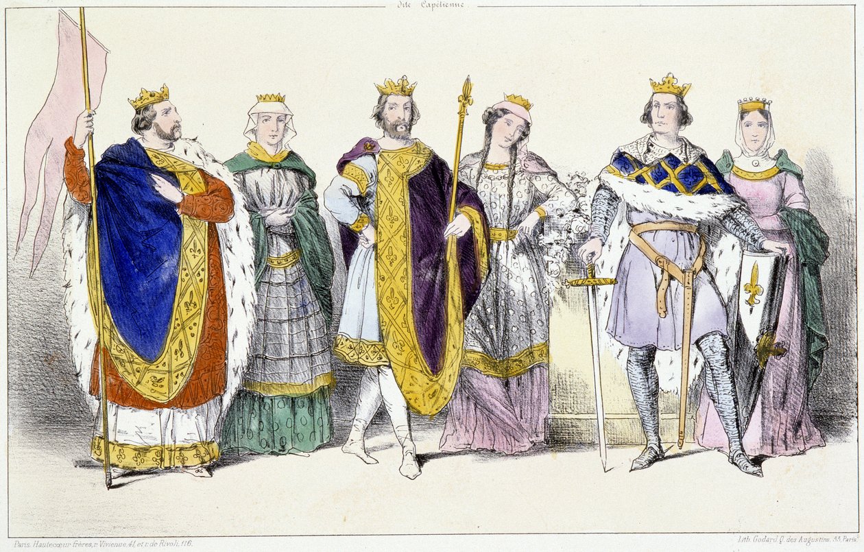 Kapetianerne: Louis VI Le Gros (1081-1137) og Adelaide af Savoyen (ca. 1100-1154), Louis VII Le Jeune (1120-1180) og Adele af Champagne (eller Blois) (ca. 1140-1206), Philippe II dit Philippe Auguste (1165-1223) og Isabelle de Hainaut (1170-1190) - Tavle f af Unknown artist
