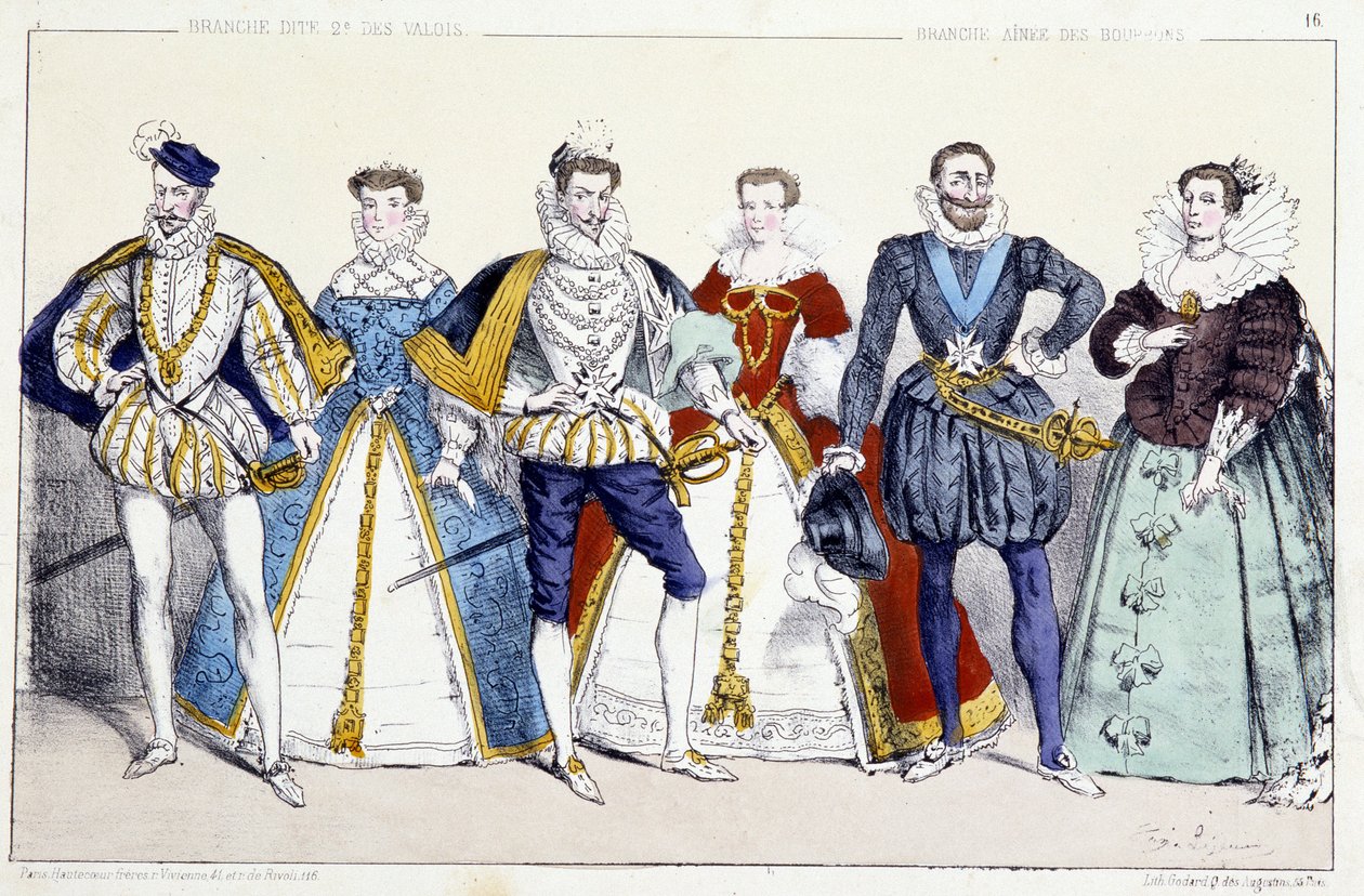 Les Valois et les Bourbons: Charles IX (1550-1574) og Elisabeth af Østrig (1554-1592), Henrik III (1551-1589) og Louise de Lorraine Vaudemont (1553-1601), Henri IV (1553-1610) og Marie de Medicis (1575-1642) - Plage udvundet fra konger og dronninger af Fr. af Unknown artist