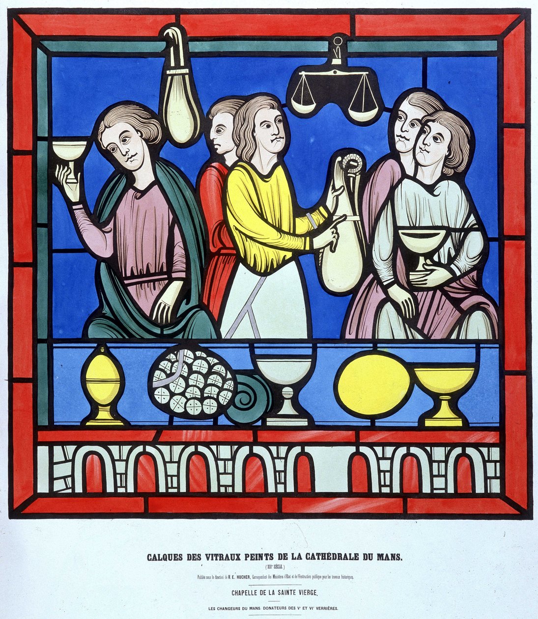 Les chanteurs du Mans - Fac-lignelse fra et farvet glasvindue i Cathedrale du Mans fra det 13. århundrede. 1800-tals lag. af Unknown artist
