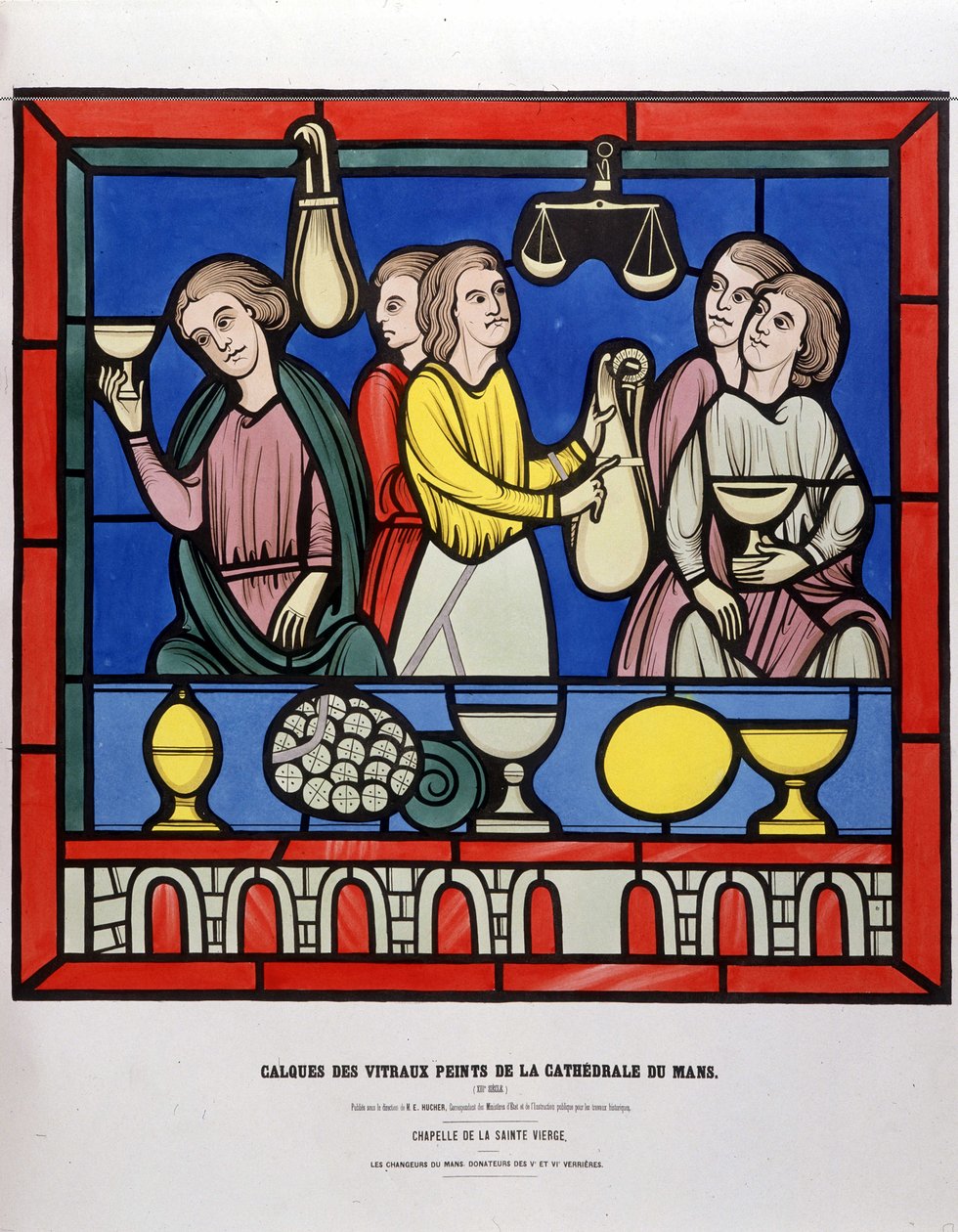 Pengevekslere på Le Mans - Malet farvet glas fra Cathedrale du Mans af Unknown artist