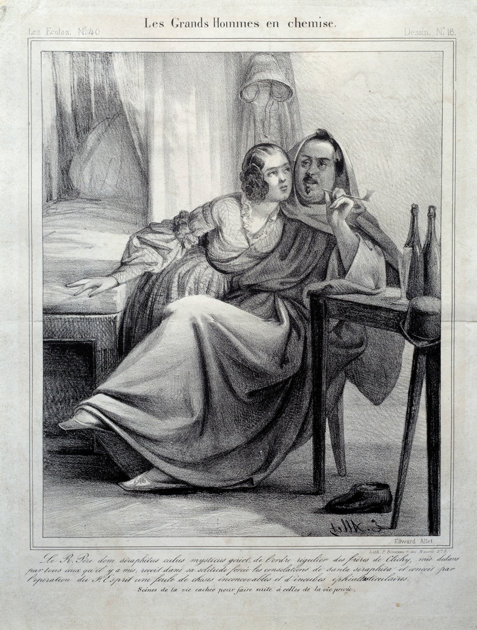 Les grands hommes en chemise Repræsentation af forfatteren Honore de Balzac (1799-1850), der omslutter en ung kvinde, mens hun ryger en cigaret. Illustration af E. Allet (1800-tallet) Paris, Maison Balzac af Unknown artist