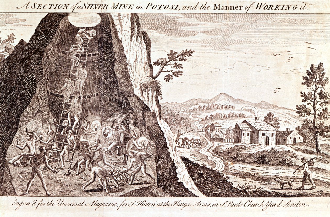 Sølvminerne i Potosi, Bolivia. 1800-tals gravering. af Unknown artist
