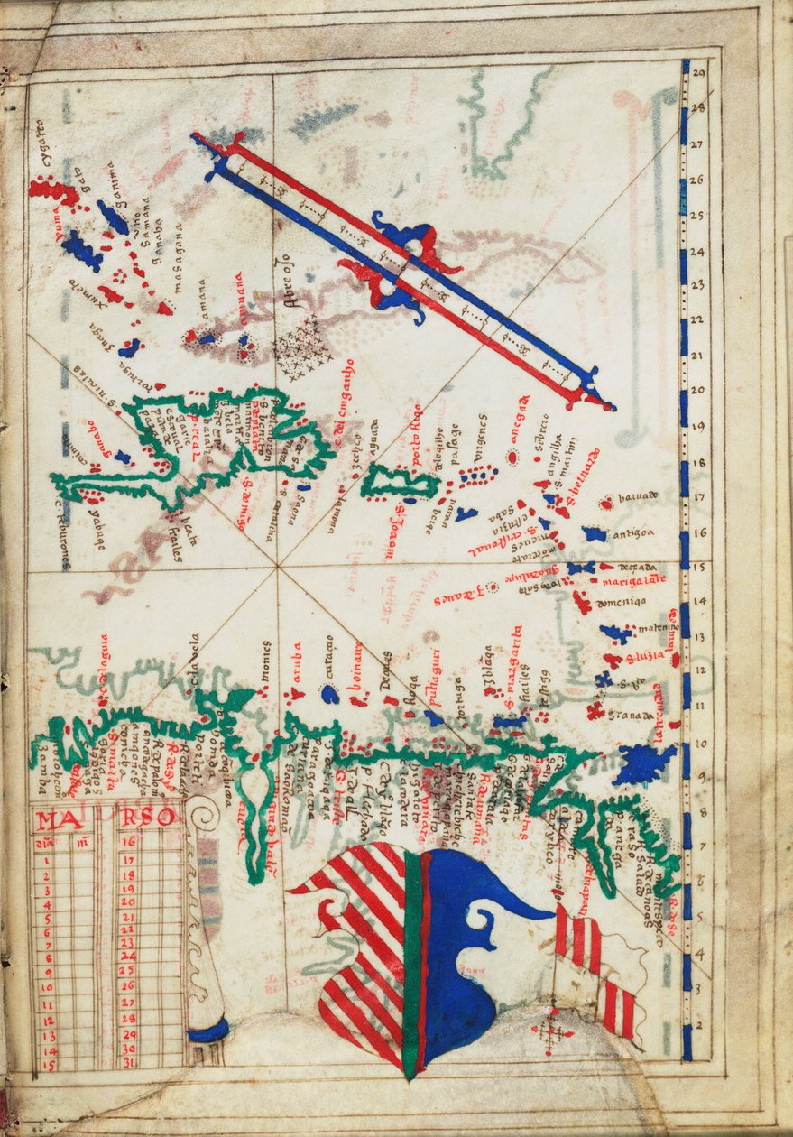 De små Antiller og Det Caribiske Hav, ca. 1550-60 (pergament) af Unknown artist