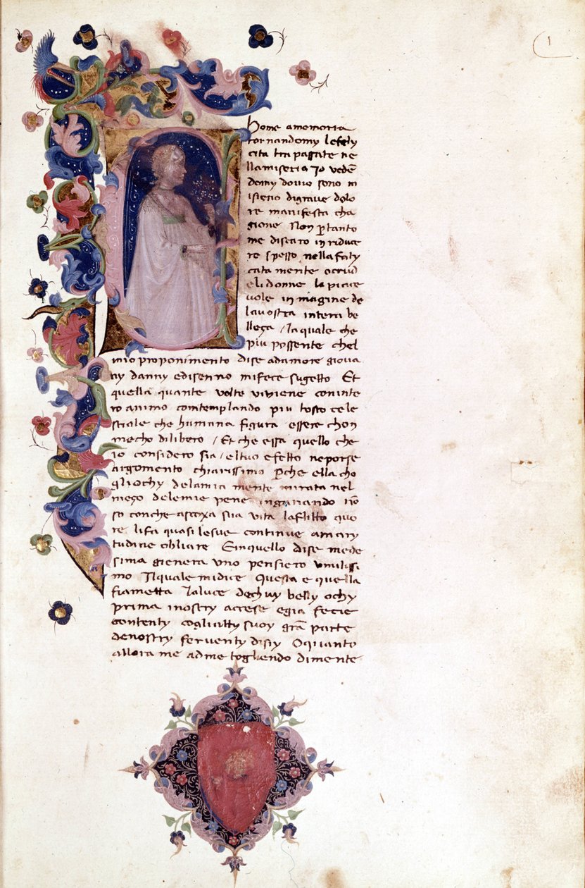 Bogstavstreg "" a"" på en miniatureside af begyndelsen af "" Teseide"". Giovanni Boccacio (Boccacio) (1313 - 1375). 15. århundredes manuskript. Trivulziana Milano. af Unknown artist