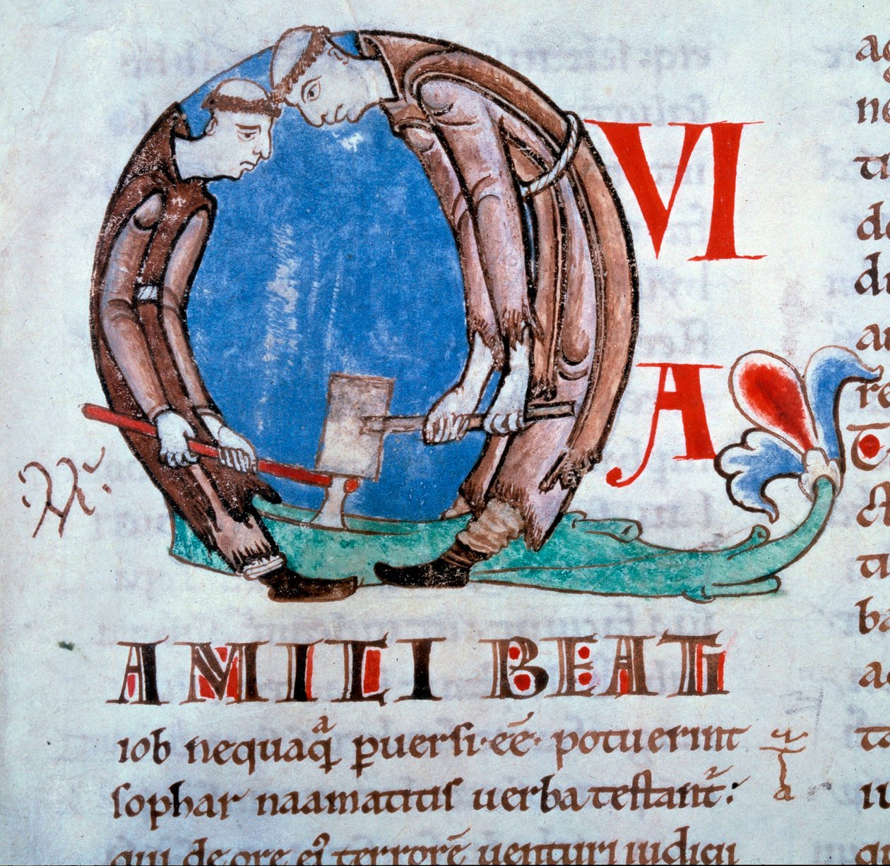 Lettrine Q"" repræsenterer de afskyelige munke (munke skovkøer)"" Miniature taget fra "Moralia i Job"" (eller kommentarer fra Jobs Bog) af St. Gregoire I sagde den store eller dialogen (532-604), Folio 59 af bind III, begyndelsen af det 12. århundrede af Unknown artist