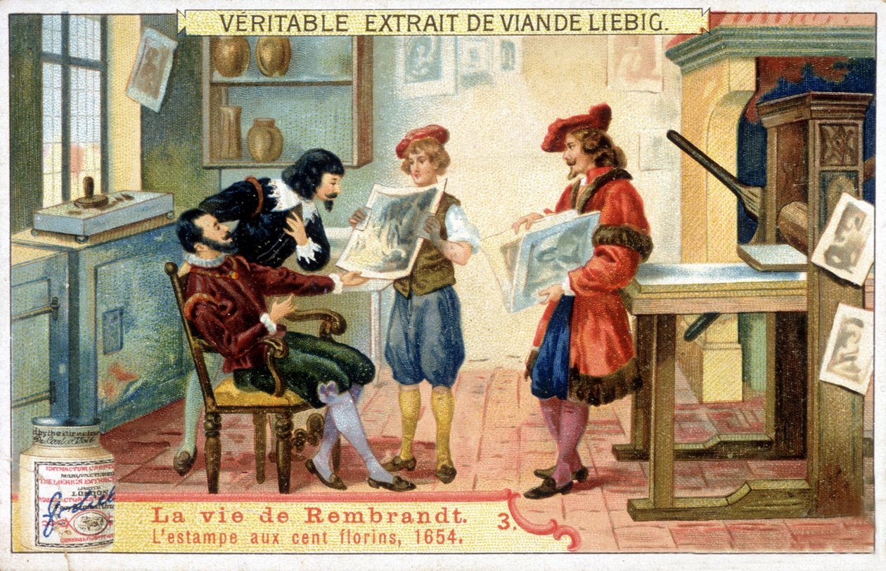 Liebig-kromolitografi om Rembrandts liv (1606 - 1669) hollandsk maler. Dette er trykket på 100 gylden i 1654. af Unknown artist