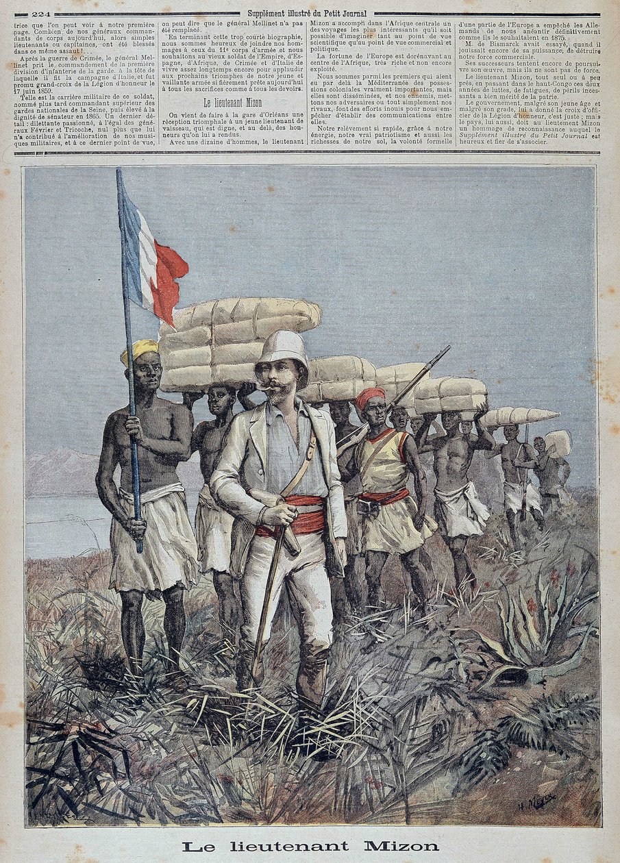 Løjtnant Mizon ledere af en udforskningskolonne i Centralafrika - i "" Le petit journal"" af 09/07/1892 af Unknown artist