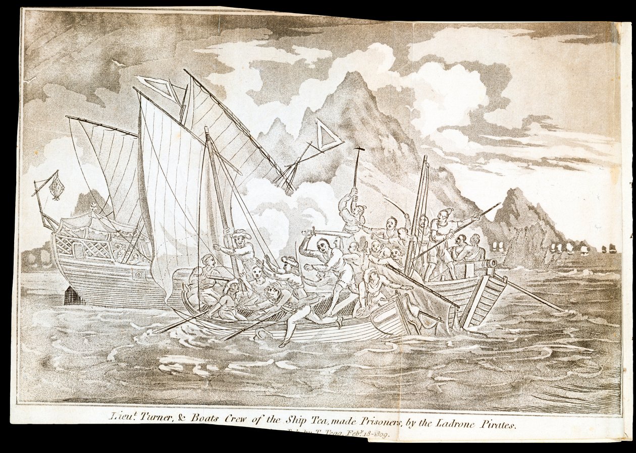 Løjtnant Turner og besætningen på skibet Tea blev taget til fange af Ladrone-piraterne (print) af Unknown artist