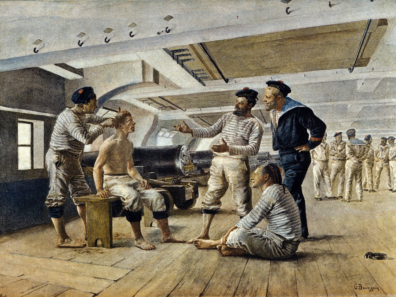 Livet ombord på et fransk krigsskib: skibsbarberen barberer sømændene, ca. 1800 af Unknown artist