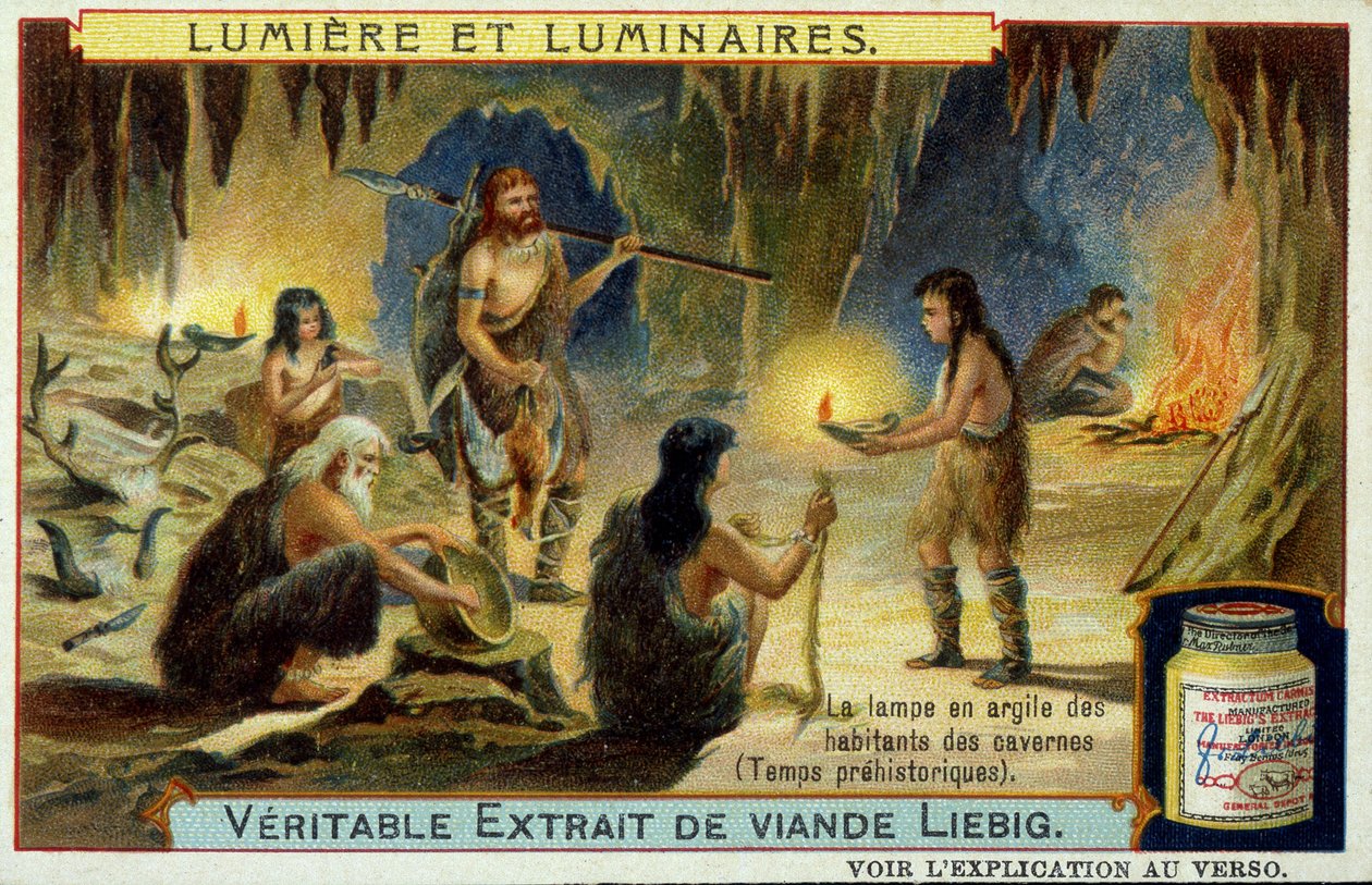 Lys og lysarmaturer: hulens lerlampe i forhistorisk tid. Illustration på Liebig emballeges. af Unknown artist