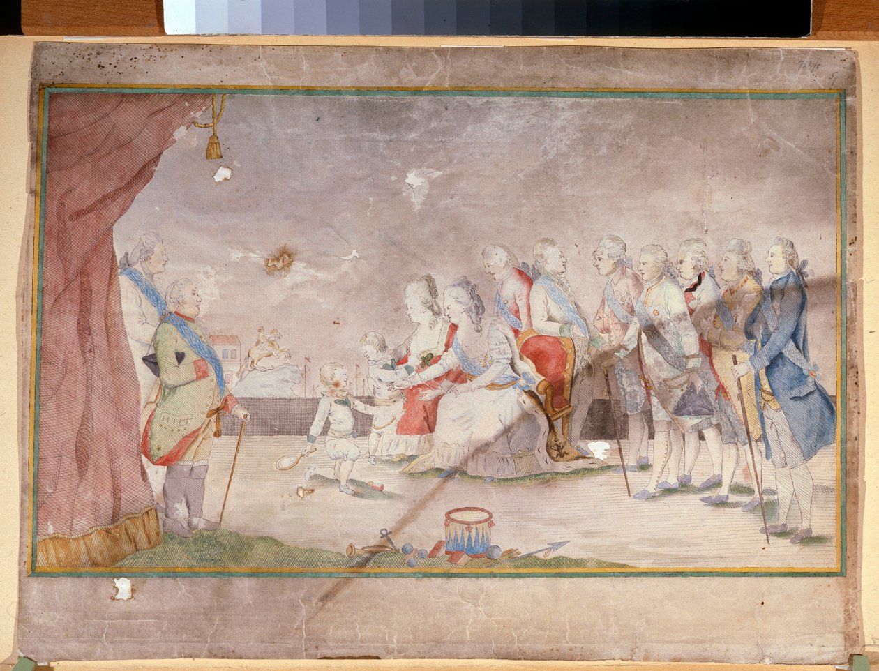 Kejserinde Catherine II med sin familie og hoffolk (kejserinde Catherine II med sin familie og hoffolk) - Anonymt værk, akvarel og blæk på papir, slutningen af ​​1780 af Unknown artist