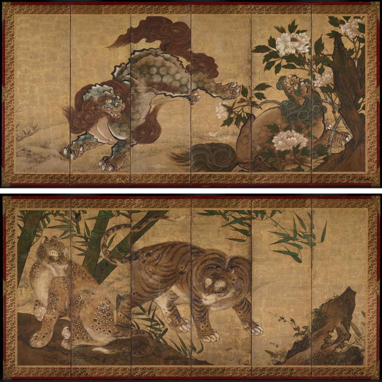 Løver og tigre i pæon og bambus af Unknown artist